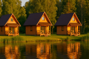 Domki letniskowe nad jeziorem w Ełku, idealne na wakacje 2025. Piękne drewniane A-frame nad spokojną wodą, otoczone naturą.